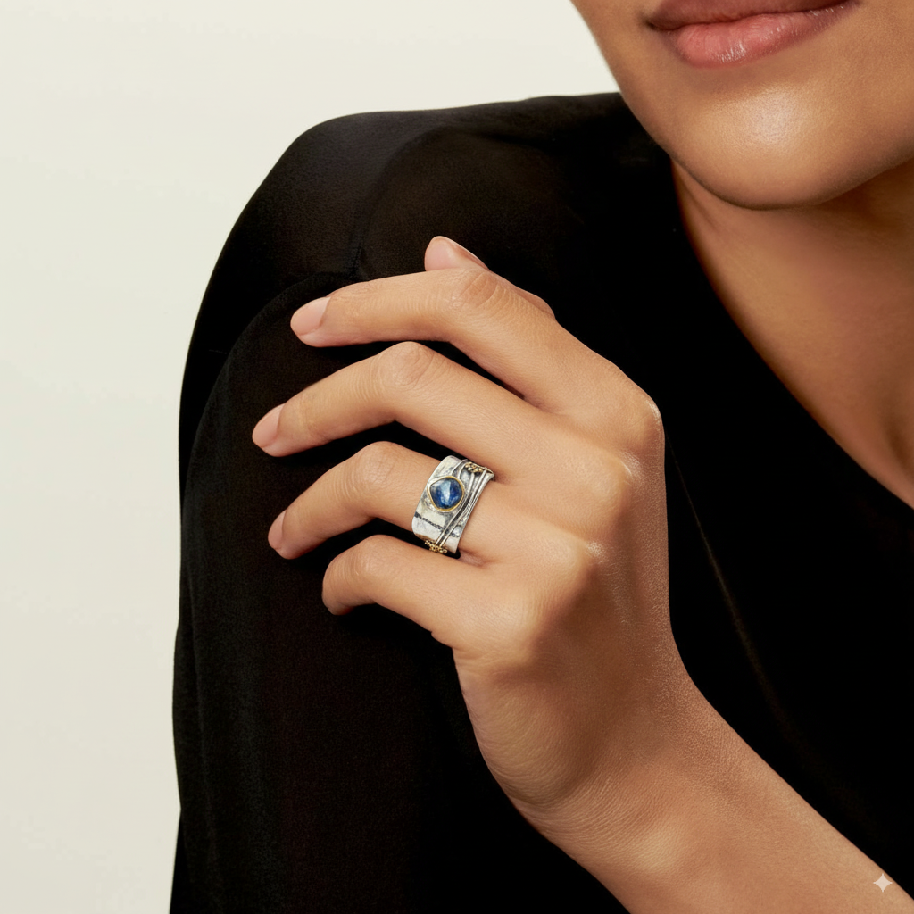 Srebrny pierścionek z niebieskim kryształem