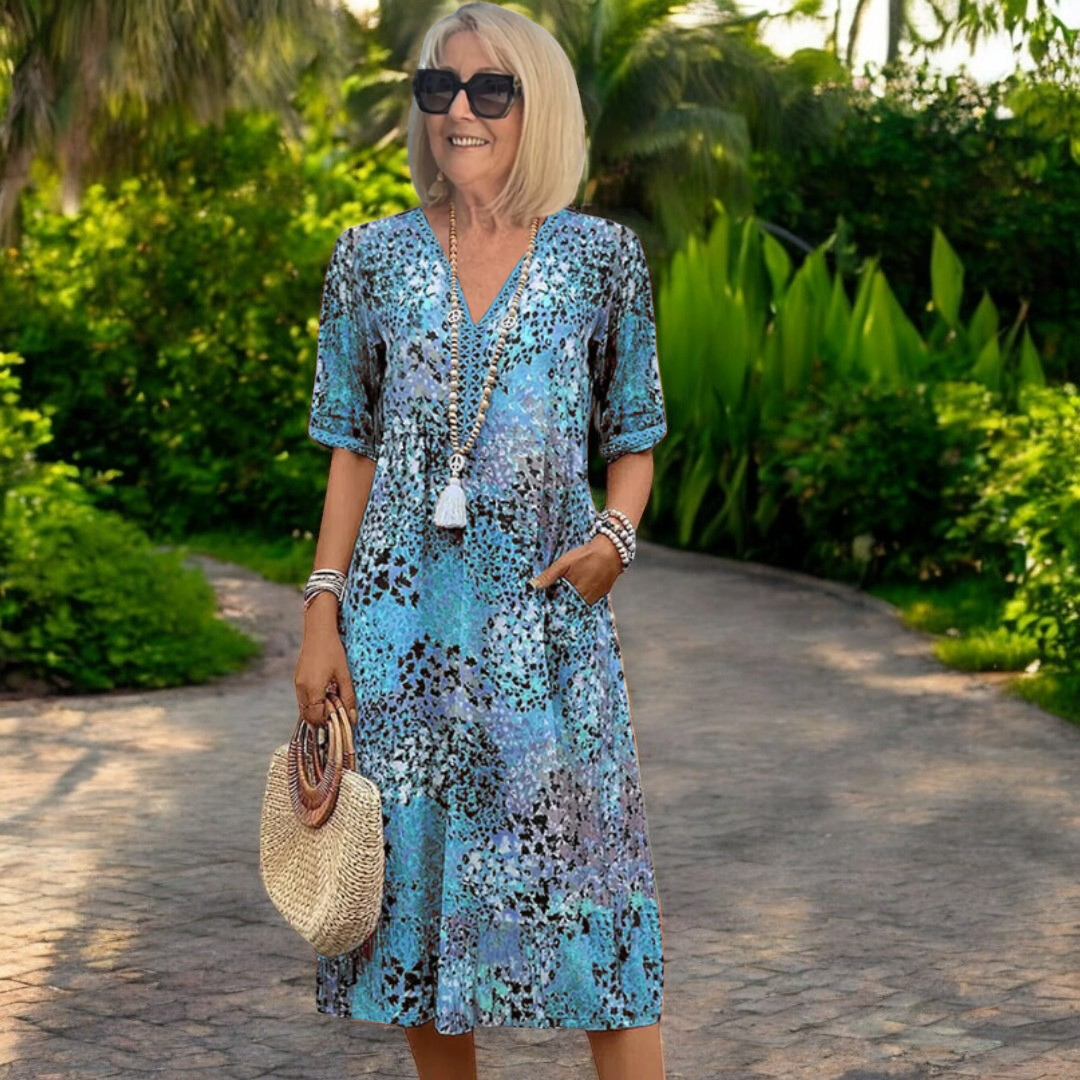 ASHLEY™ – Robe Midi Imprimée à Col en V