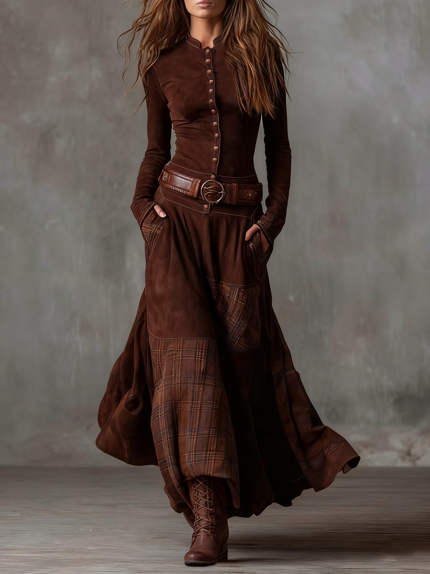 Azucena - Robe maxi en daim avec ceinture
