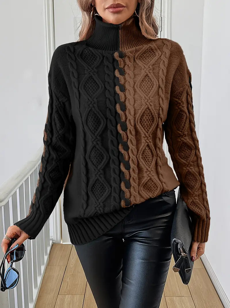LEOVIA | Elegancki Sweter w Paski z Wysokim Kołnierzem
