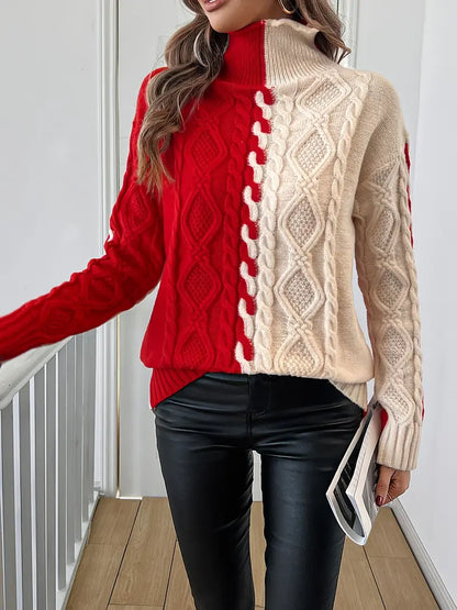 LEOVIA | Elegancki Sweter w Paski z Wysokim Kołnierzem